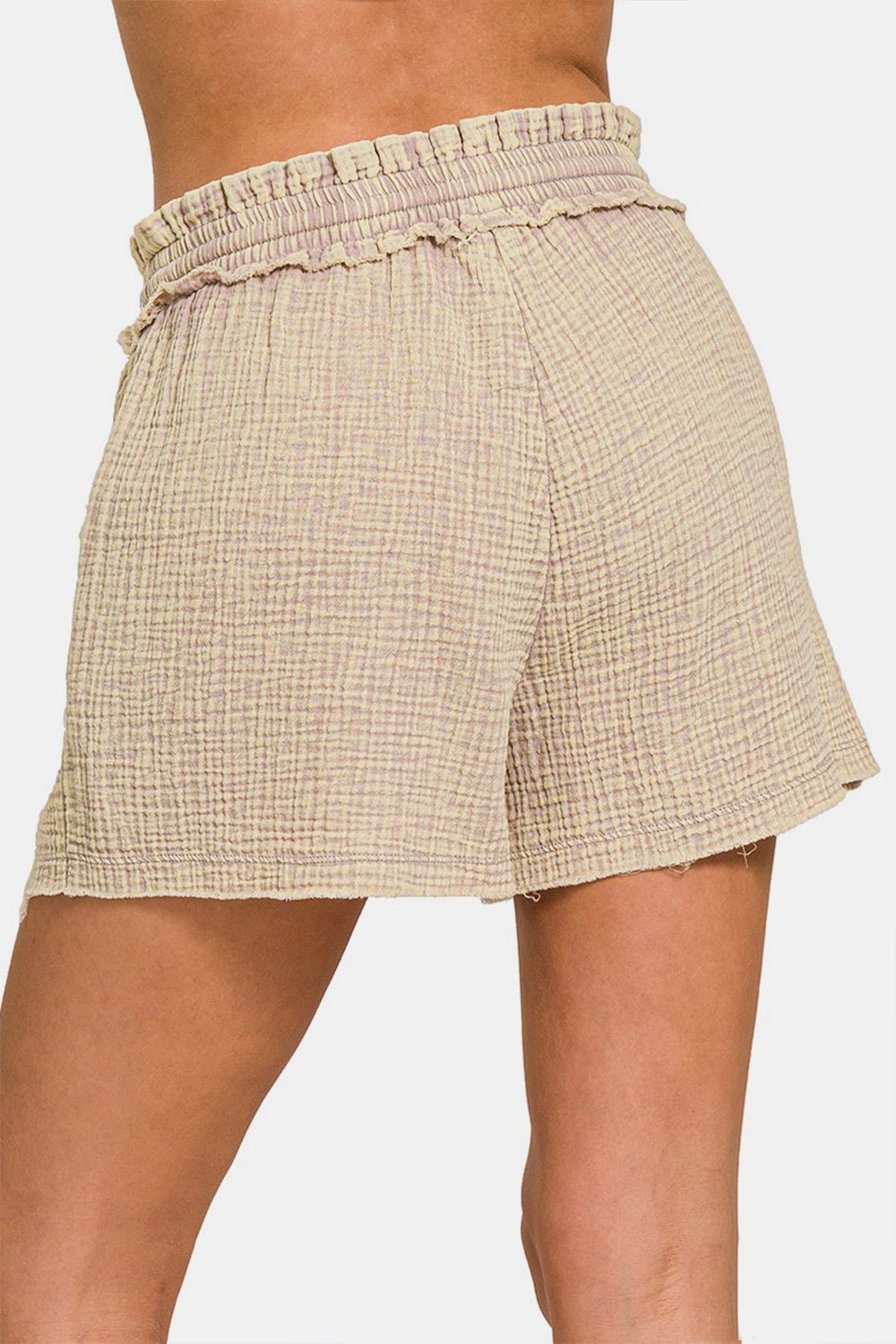 Zenana Washed Frayed Hem Drawstring Shorts - Shorts - Ash Mocha - Bella Bourget