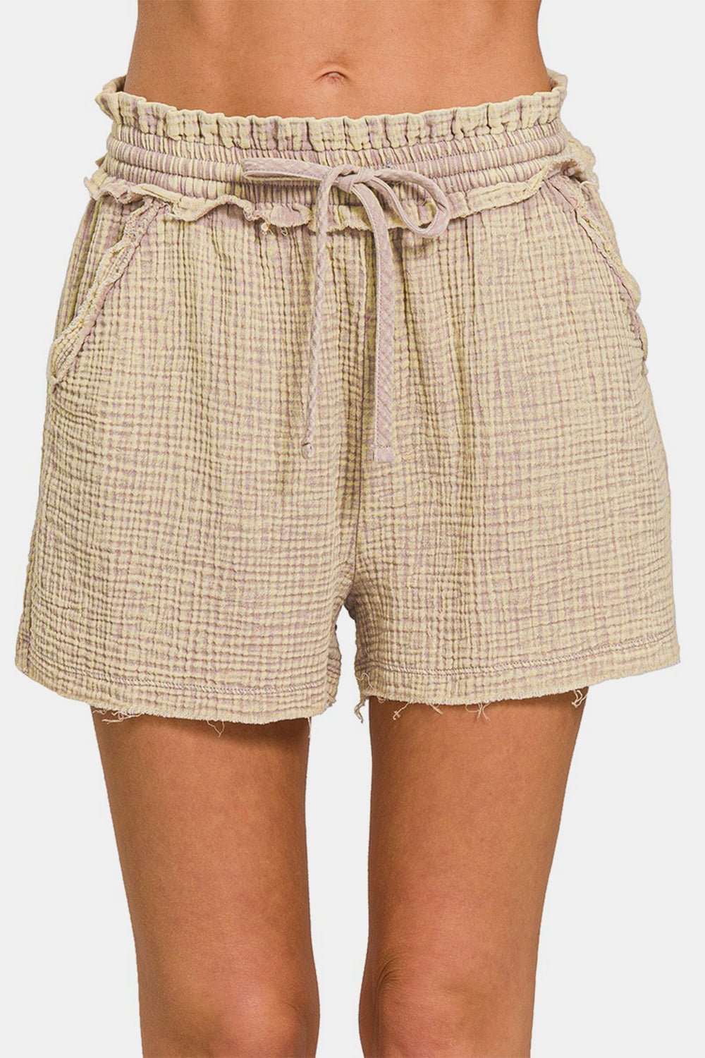 Zenana Washed Frayed Hem Drawstring Shorts - Shorts - Ash Mocha - Bella Bourget