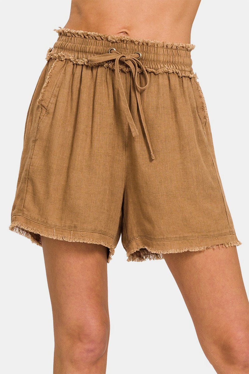 Zenana Washed Linen Frayed Hem Drawstring Shorts - Shorts - Deep Camel - Bella Bourget