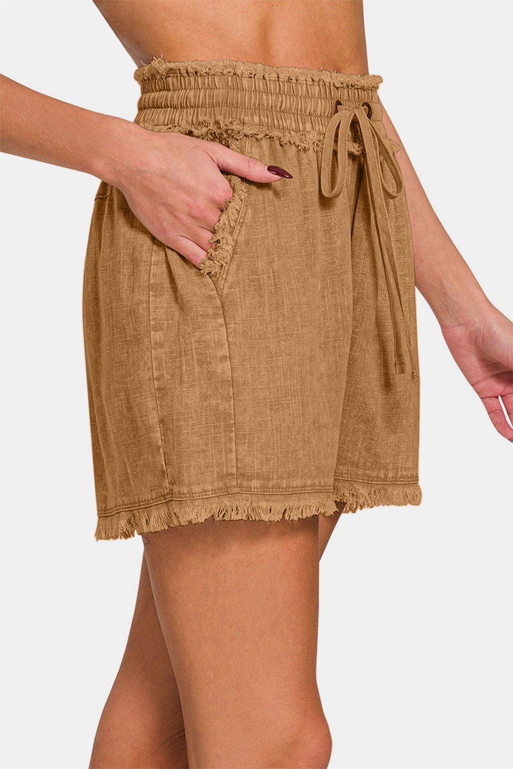 Zenana Washed Linen Frayed Hem Drawstring Shorts - Shorts - Deep Camel - Bella Bourget