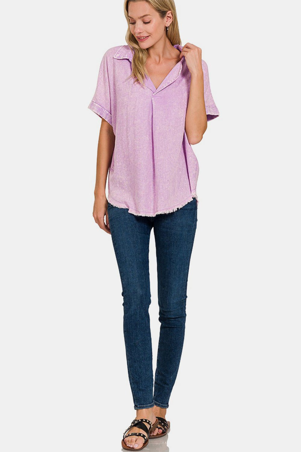 Zenana Washed Linen Raw Hem V - Neck Shirt - Top - BLAVENDER - Bella Bourget