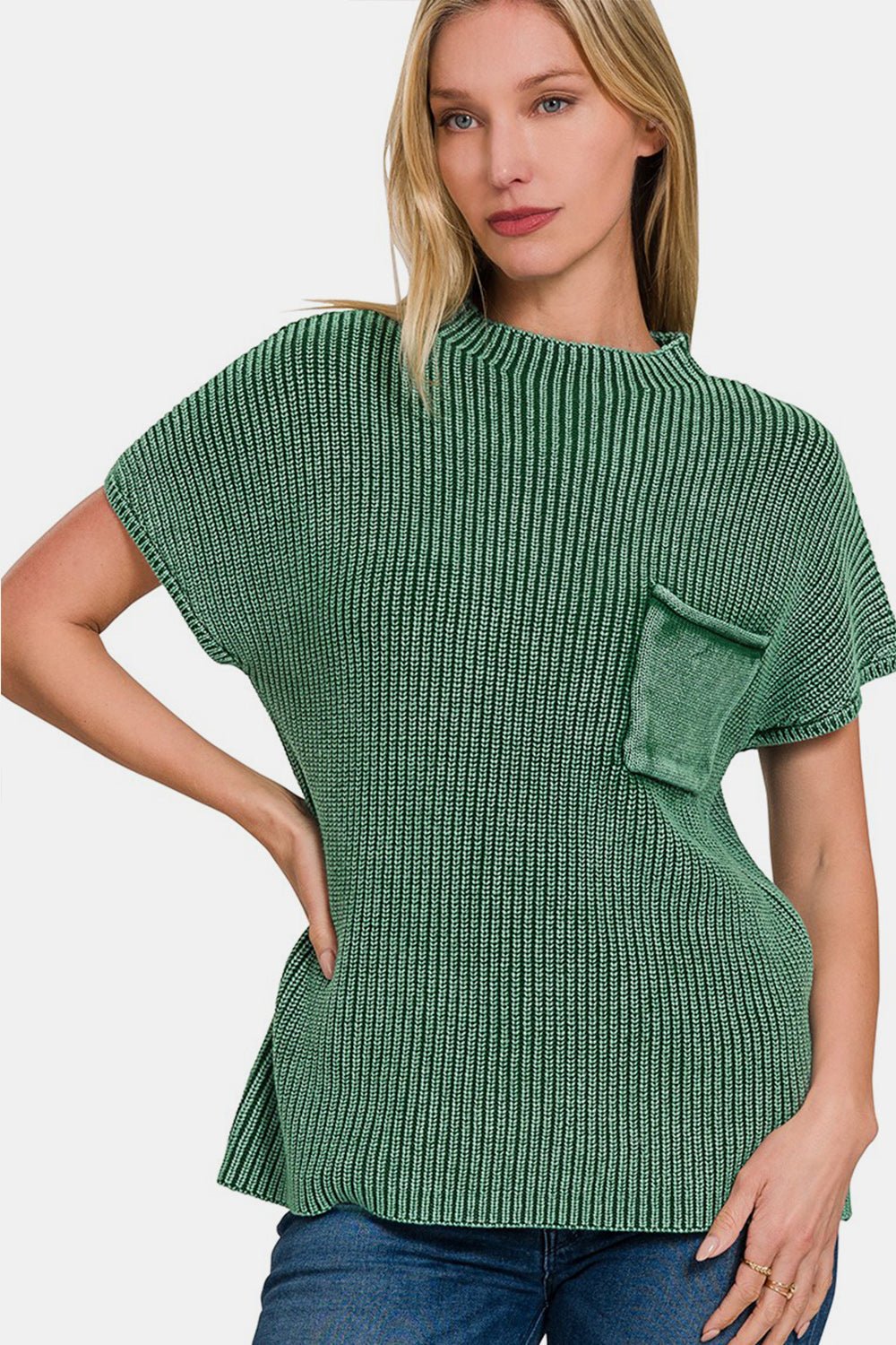 Zenana Washed Mock Neck Short Sleeve Sweater - Sweater - DK GREEN - Bella Bourget