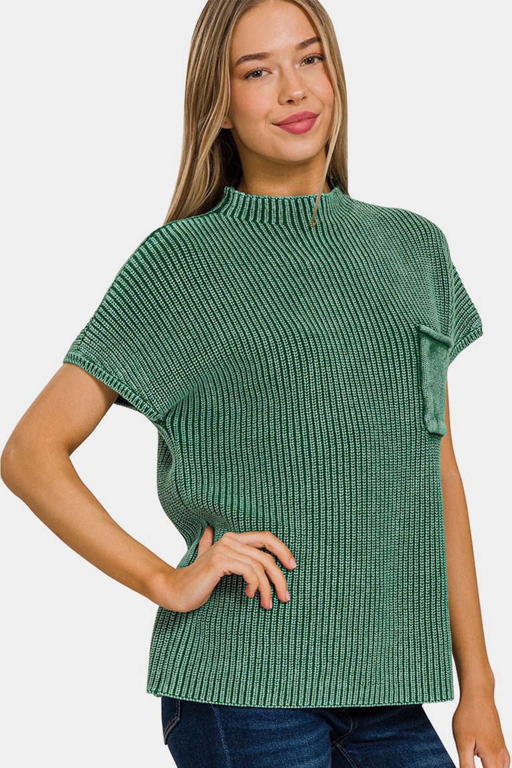 Zenana Washed Mock Neck Short Sleeve Sweater - Sweater - DK GREEN - Bella Bourget