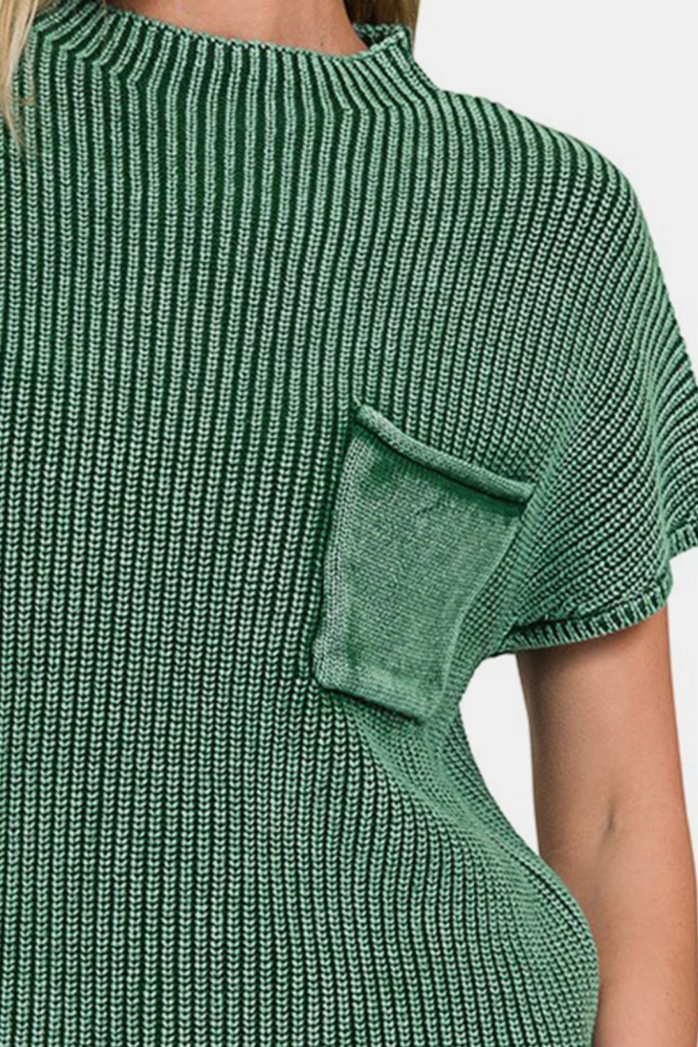 Zenana Washed Mock Neck Short Sleeve Sweater - Sweater - DK GREEN - Bella Bourget