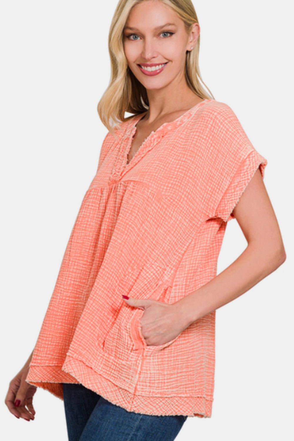 Zenana Washed Raw Hem Short Sleeve Blouse with Pockets - Top - CORAL - Bella Bourget