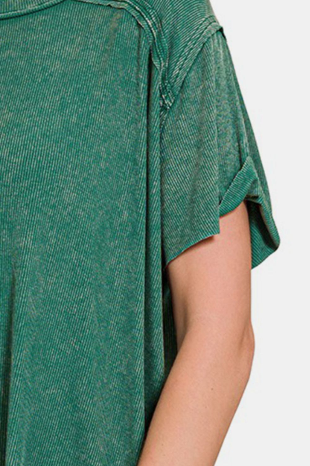 Zenana Washed Ribbed Short Sleeve Top - Top - DKGREEN - Bella Bourget