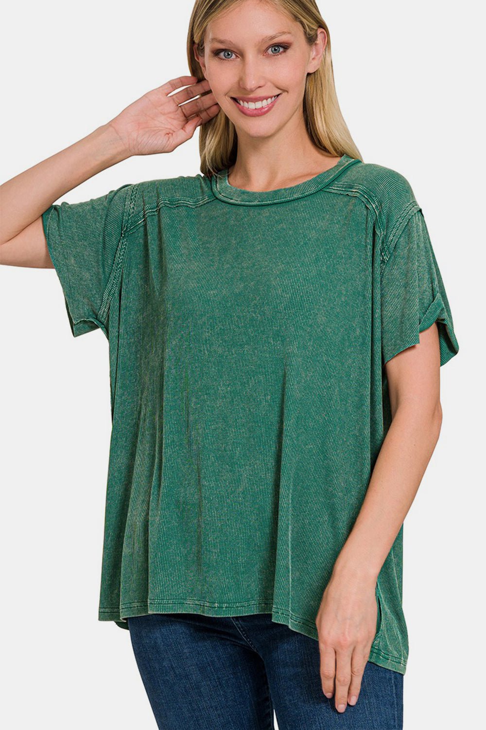 Zenana Washed Ribbed Short Sleeve Top - Top - DKGREEN - Bella Bourget