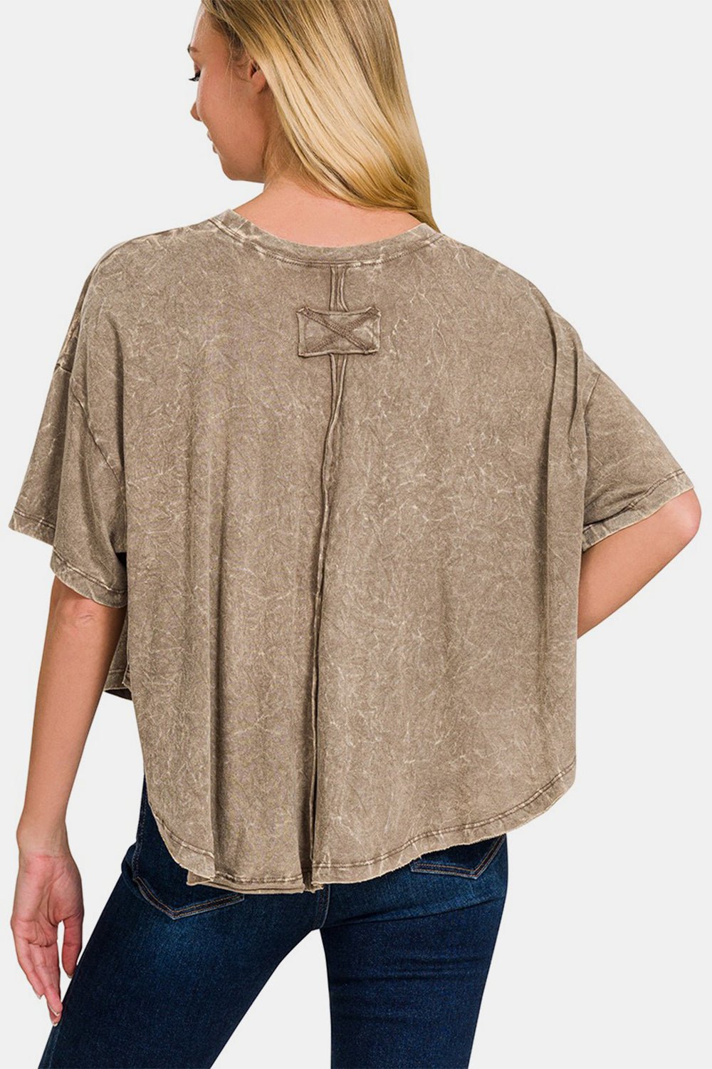 Zenana Washed Round Neck Drop Shoulder Cropped T - Shirt - Top - MOCHA - Bella Bourget