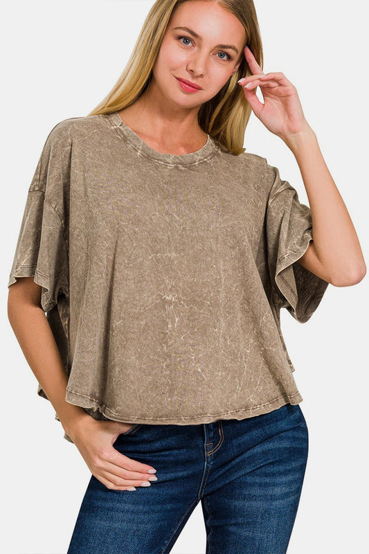 Zenana Washed Round Neck Drop Shoulder Cropped T - Shirt - Top - MOCHA - Bella Bourget