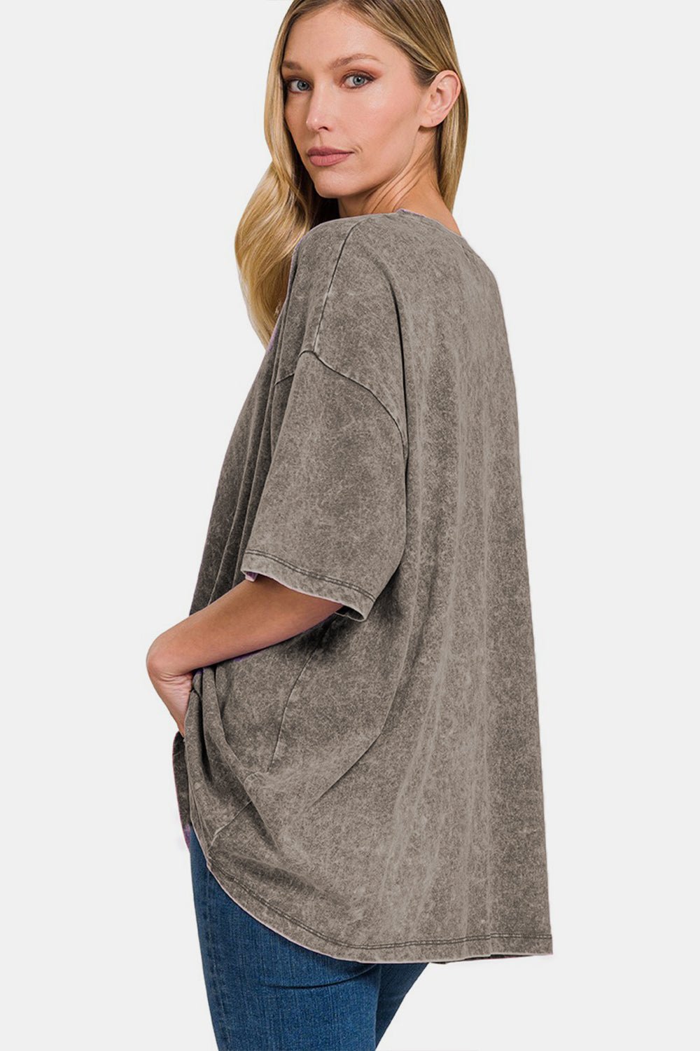 Zenana Washed Round Neck Drop Shoulder Oversized T - Shirt - Top - Ash Black - Bella Bourget