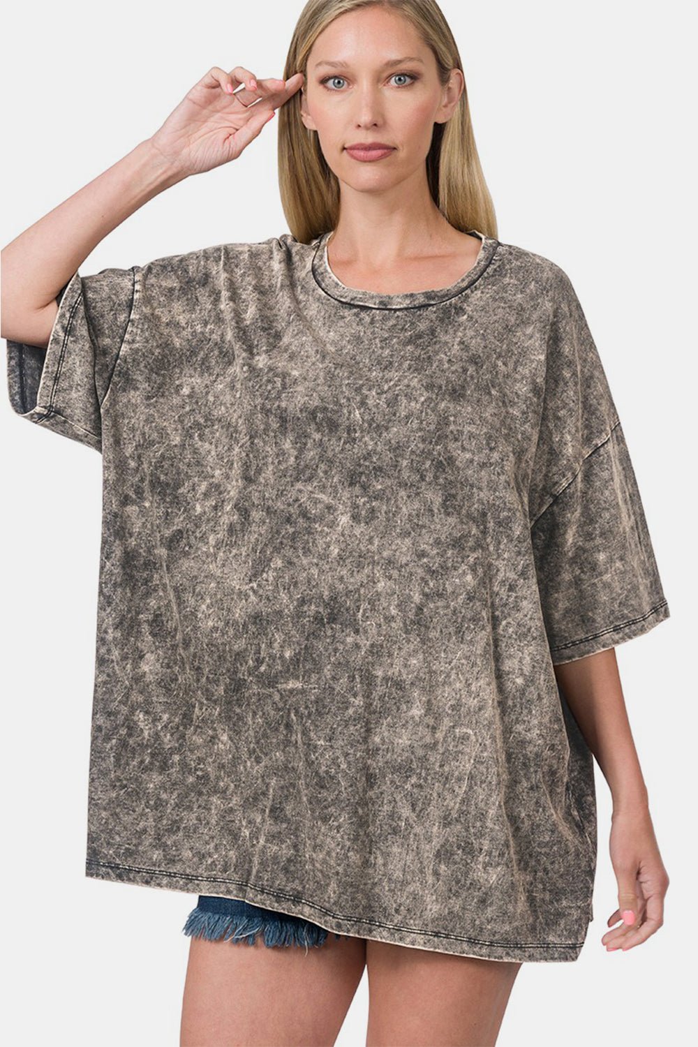 Zenana Washed Round Neck Drop Shoulder Oversized T - Shirt - Top - Ash Black - Bella Bourget