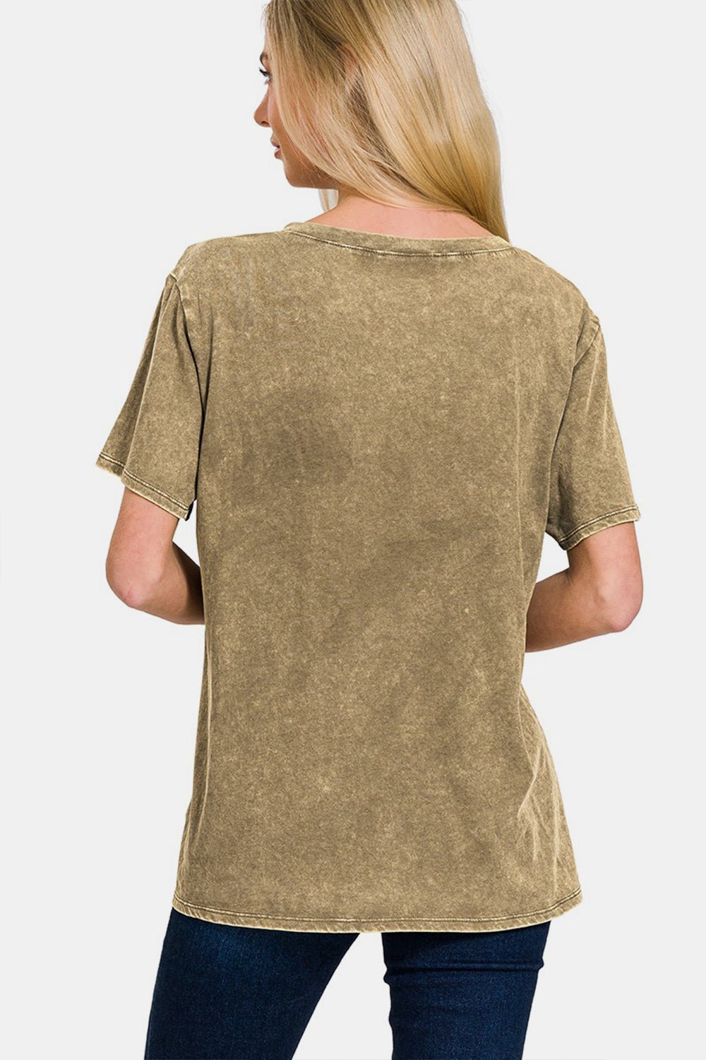 Zenana Washed Short Sleeve V - Neck T - Shirt - Top - Mocha - Bella Bourget