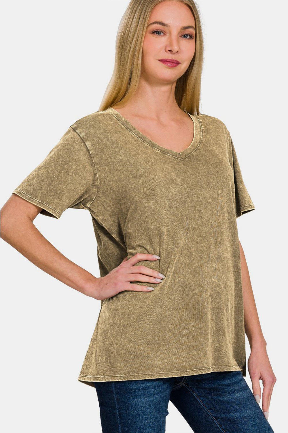 Zenana Washed Short Sleeve V - Neck T - Shirt - Top - Mocha - Bella Bourget