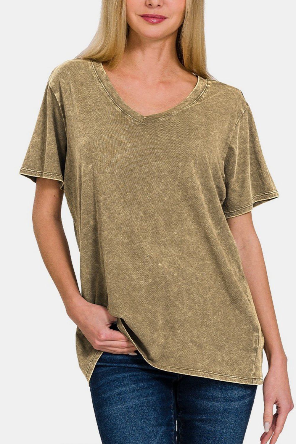 Zenana Washed Short Sleeve V - Neck T - Shirt - Top - Mocha - Bella Bourget