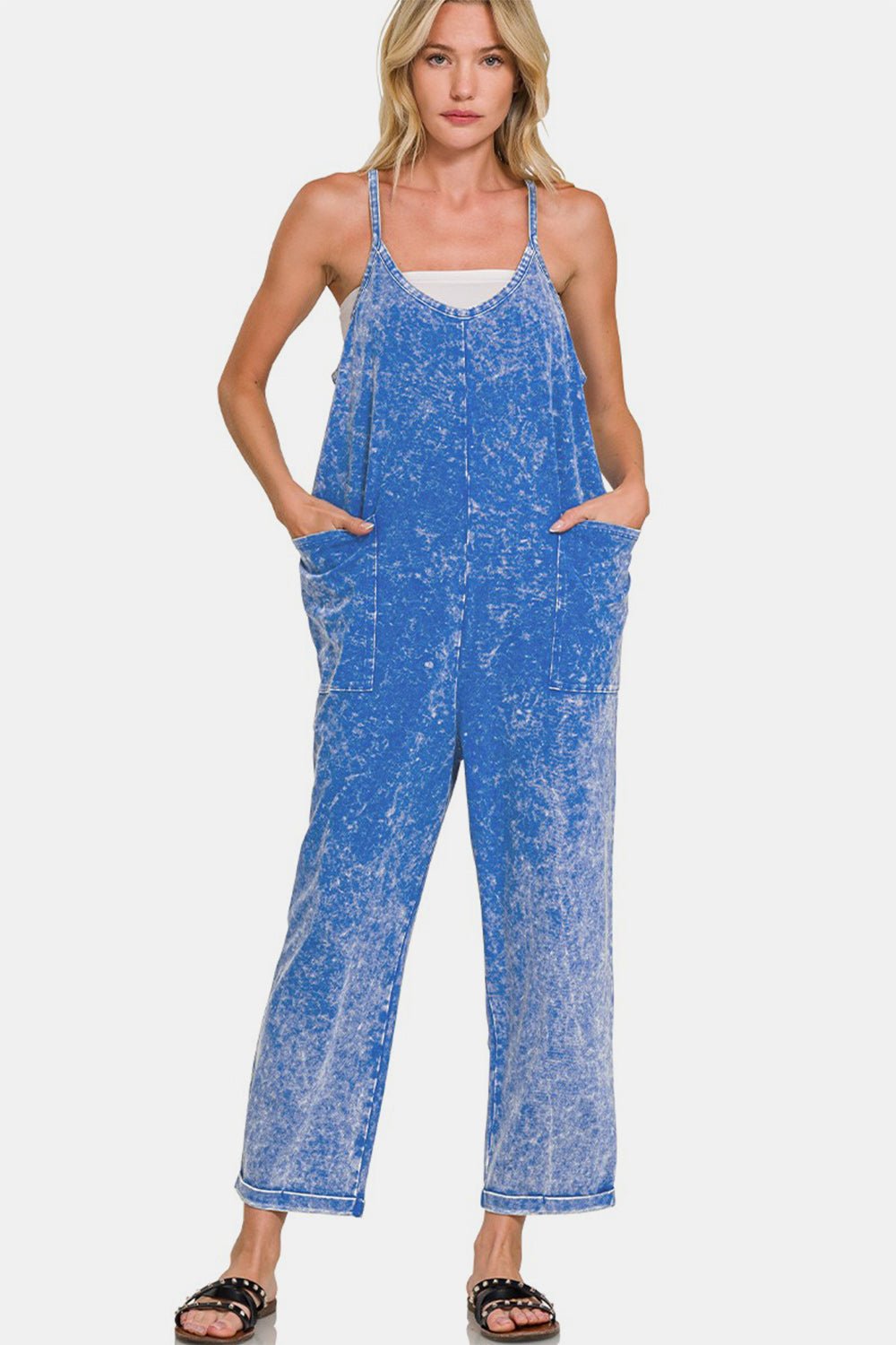 Zenana Washed Spaghetti Straps Overalls with Pockets - Overalls - Classic Blue - Bella Bourget