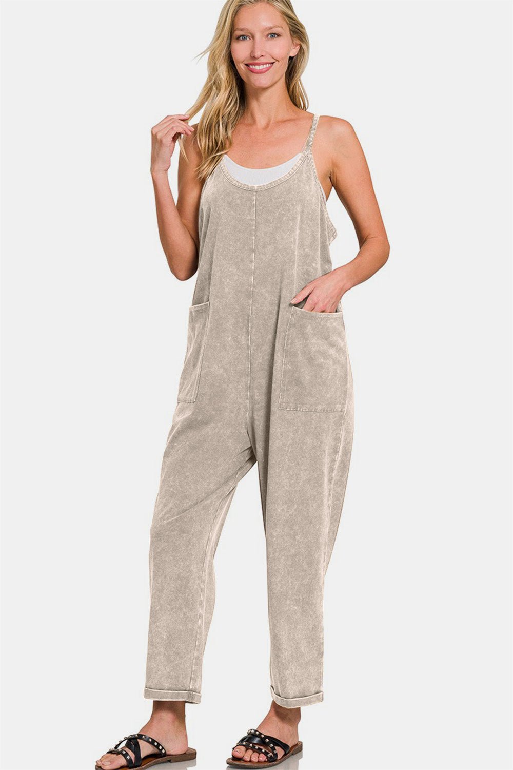 Zenana Washed Spaghetti Straps Overalls with Pockets - Overalls - Sleet - Bella Bourget