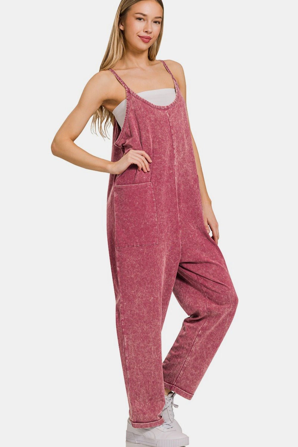 Zenana Washed Spaghetti Straps Overalls with Pockets - Overalls - Dk Burgundy - Bella Bourget