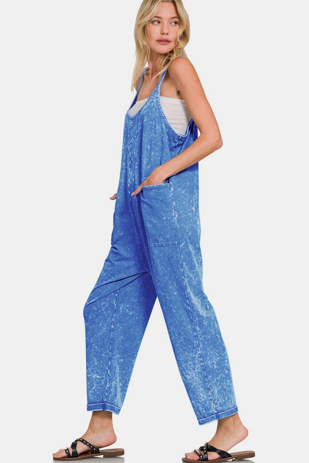 Zenana Washed Spaghetti Straps Overalls with Pockets - Overalls - Classic Blue - Bella Bourget