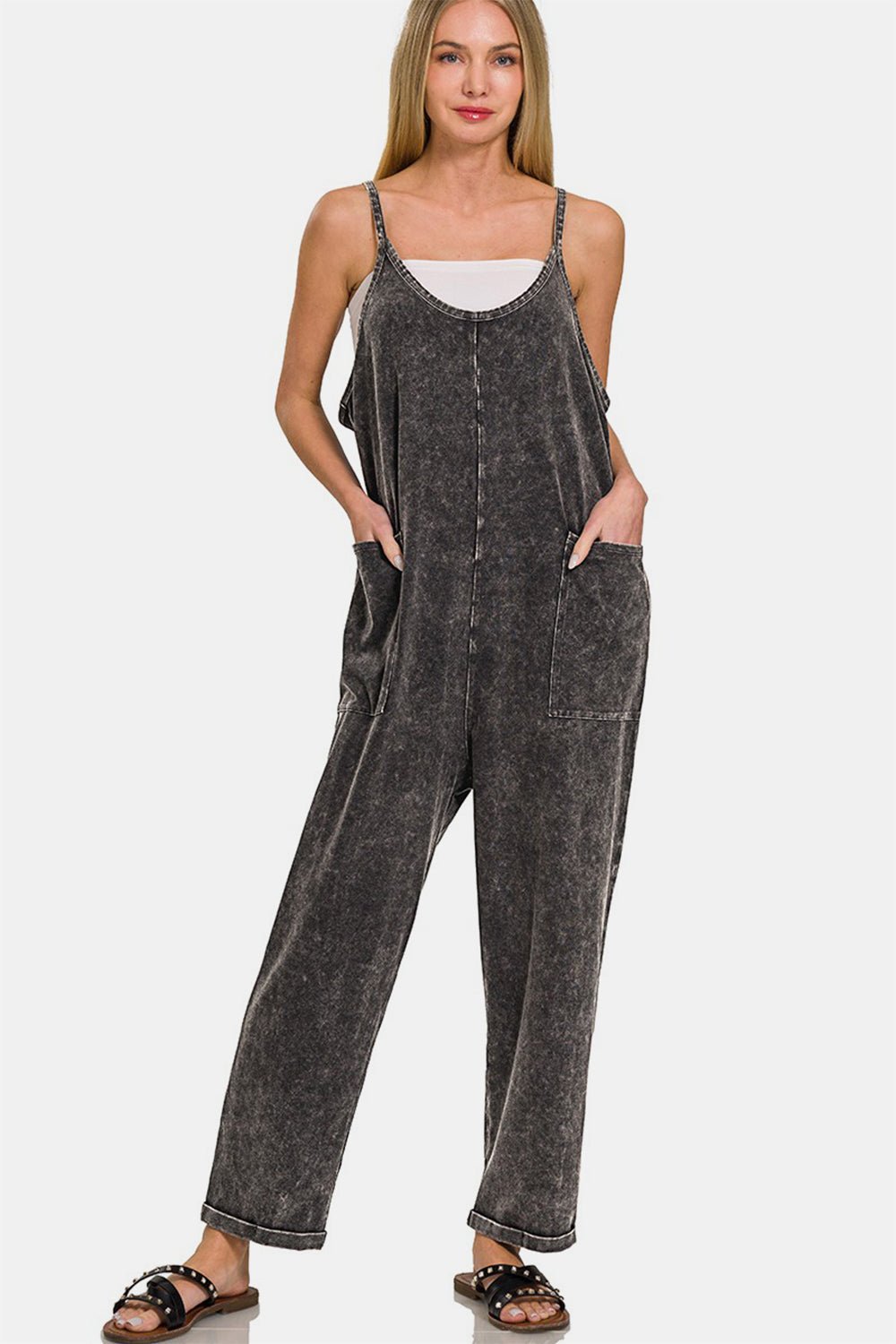 Zenana Washed Spaghetti Straps Overalls with Pockets - Overalls - Ash Black - Bella Bourget