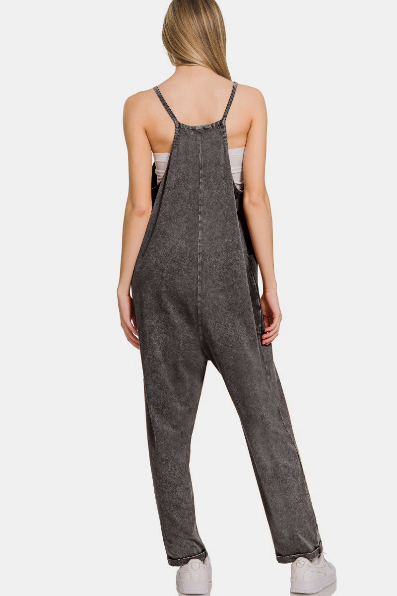 Zenana Washed Spaghetti Straps Overalls with Pockets - Overalls - Ash Black - Bella Bourget