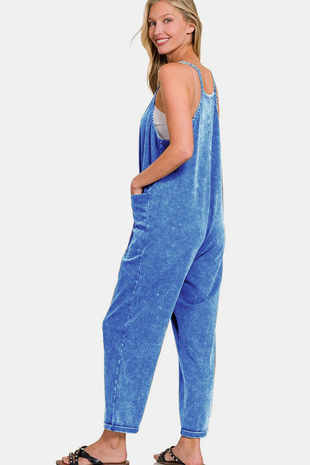 Zenana Washed Spaghetti Straps Overalls with Pockets - Overalls - Classic Blue - Bella Bourget