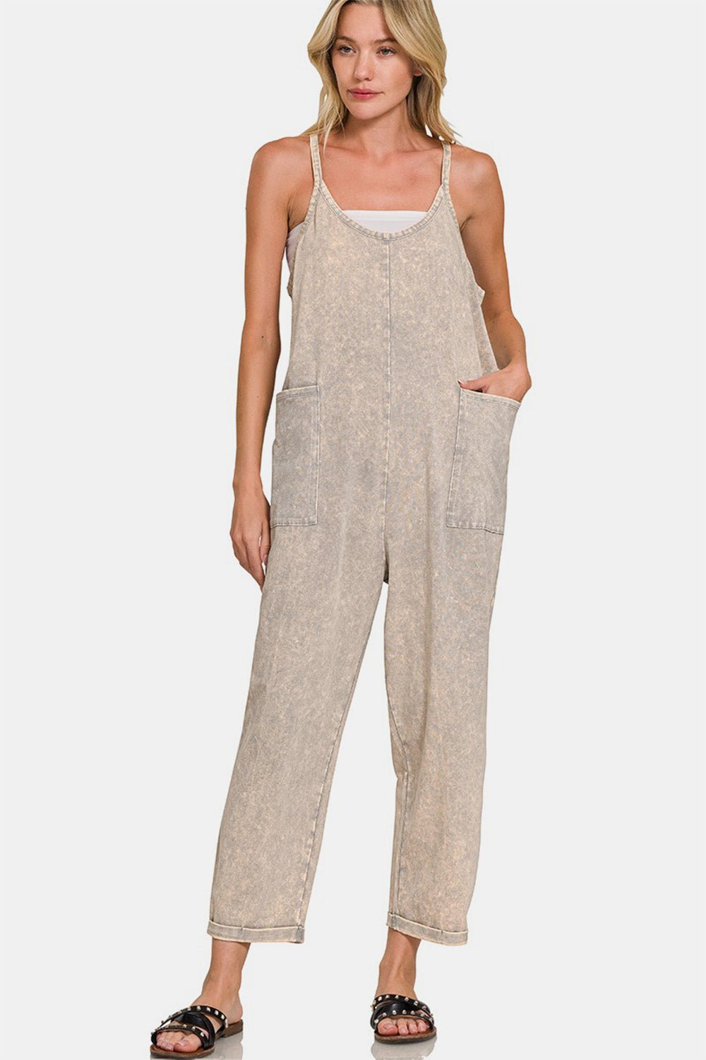 Zenana Washed Spaghetti Straps Overalls with Pockets - Overalls - Sleet - Bella Bourget