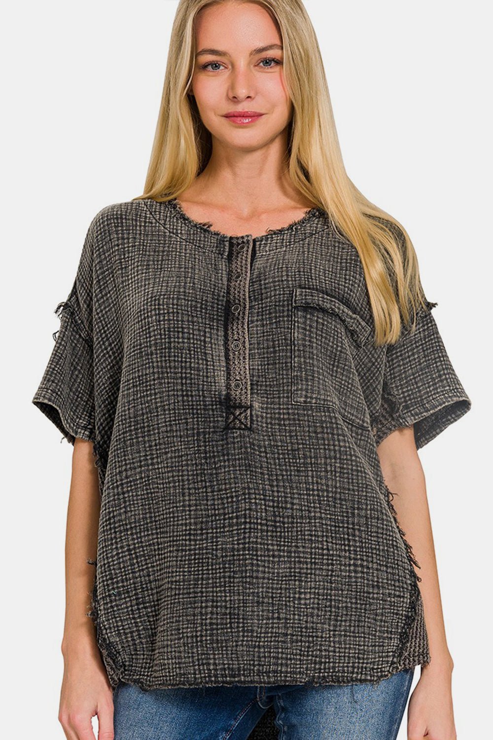 Zenana Washed Texture Half Button T - Shirt - Top - Ash Black - Bella Bourget