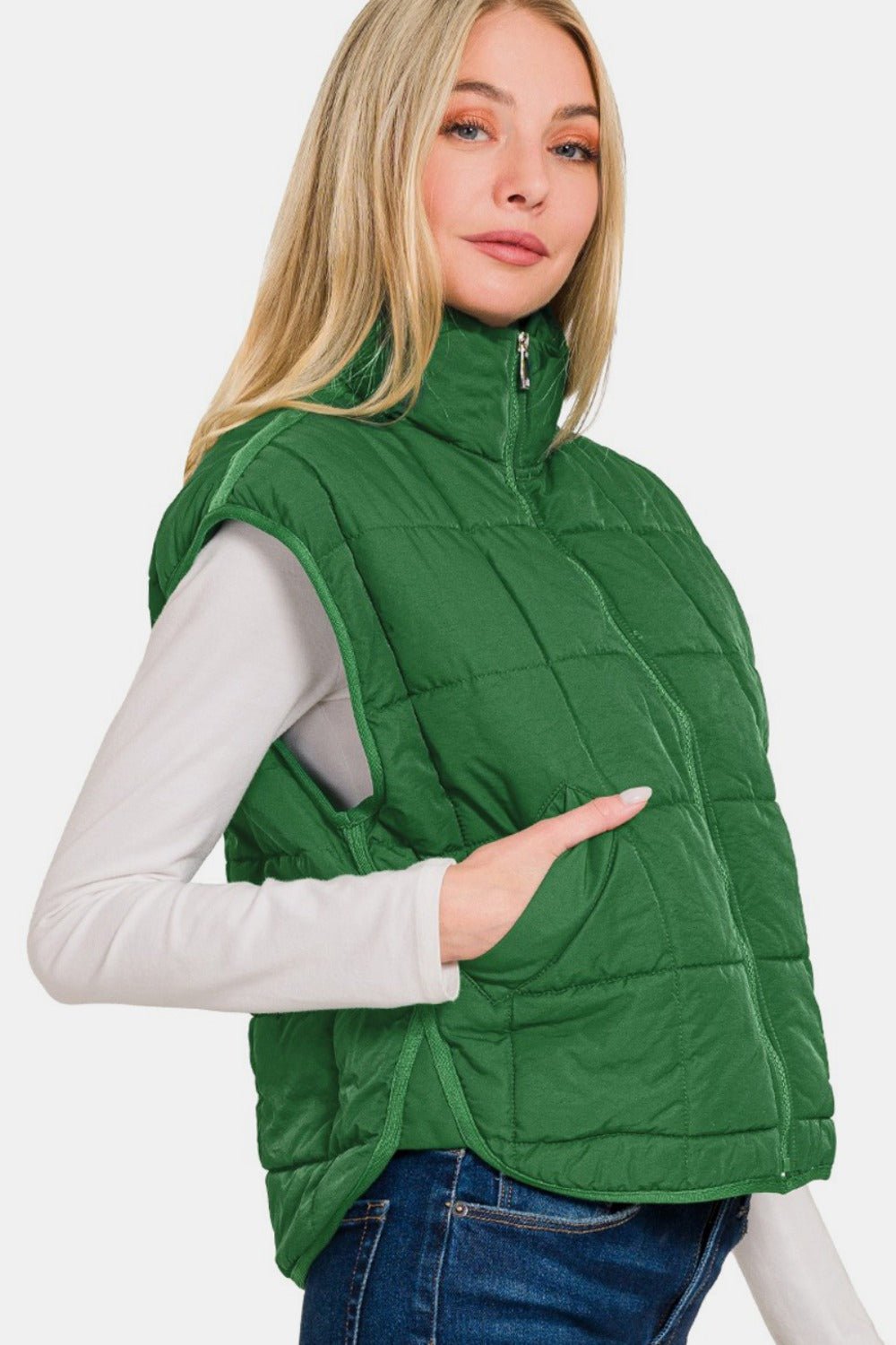 Zenana Zip Up Cropped Puffer Vest with Pockets - Dk Green - Bella Bourget