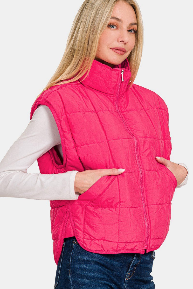 Zenana Zip Up Cropped Puffer Vest with Pockets - Vest - Hot Pink - Bella Bourget