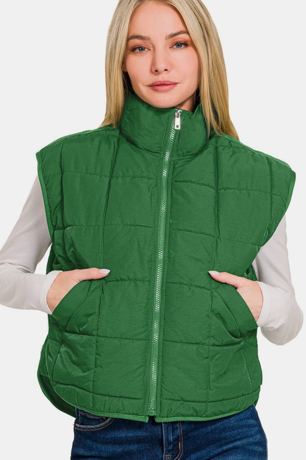 Zenana Zip Up Cropped Puffer Vest with Pockets - Dk Green - Bella Bourget