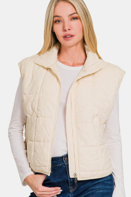 Zenana Zip Up Cropped Puffer Vest with Pockets - Vest - Cream - Bella Bourget