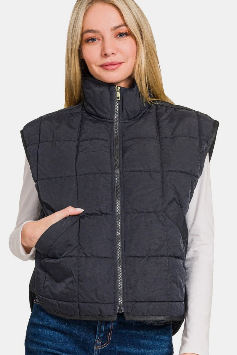 Zenana Zip Up Cropped Puffer Vest with Pockets - Vest - Black - Bella Bourget