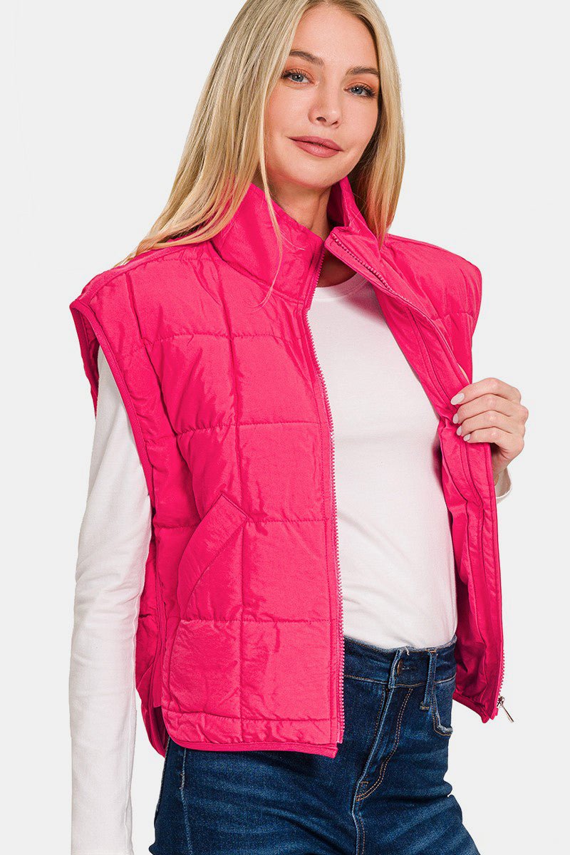 Zenana Zip Up Cropped Puffer Vest with Pockets - Vest - Hot Pink - Bella Bourget