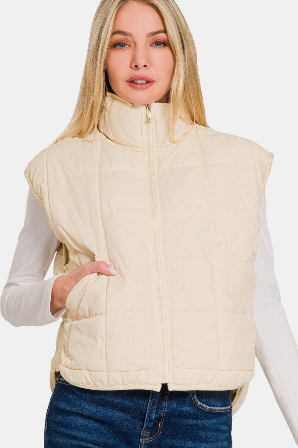 Zenana Zip Up Cropped Puffer Vest with Pockets - Vest - Cream - Bella Bourget