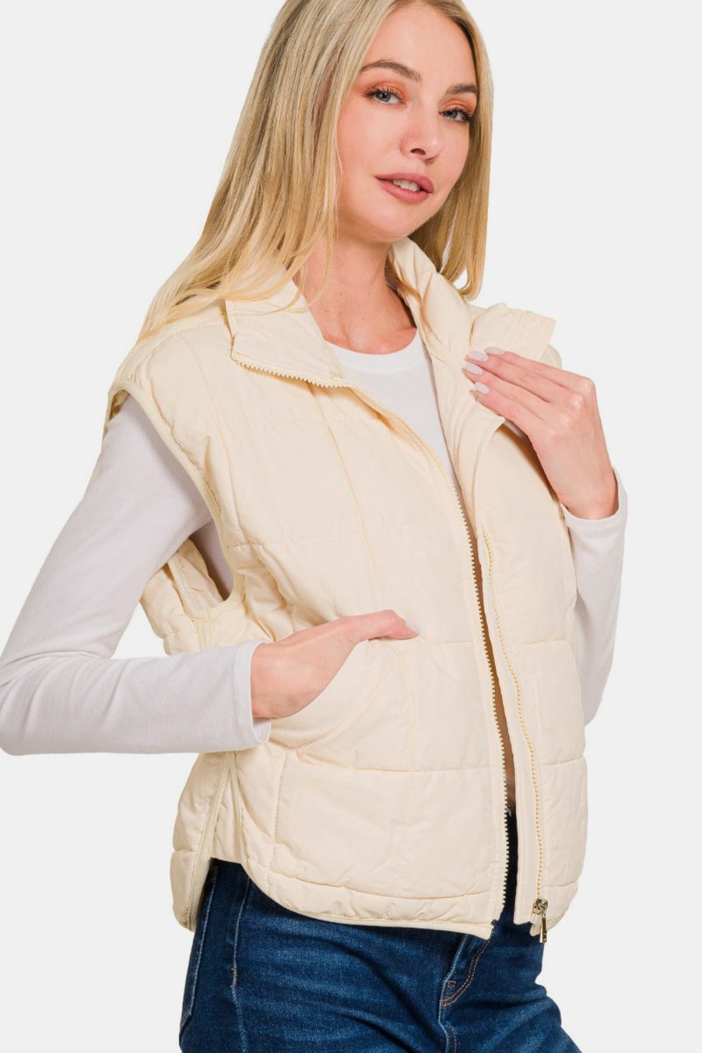 Zenana Zip Up Cropped Puffer Vest with Pockets - Vest - Cream - Bella Bourget