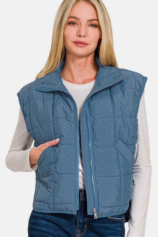 Zenana Zip Up Cropped Puffer Vest with Pockets - Vest - Dusty Blue - Bella Bourget