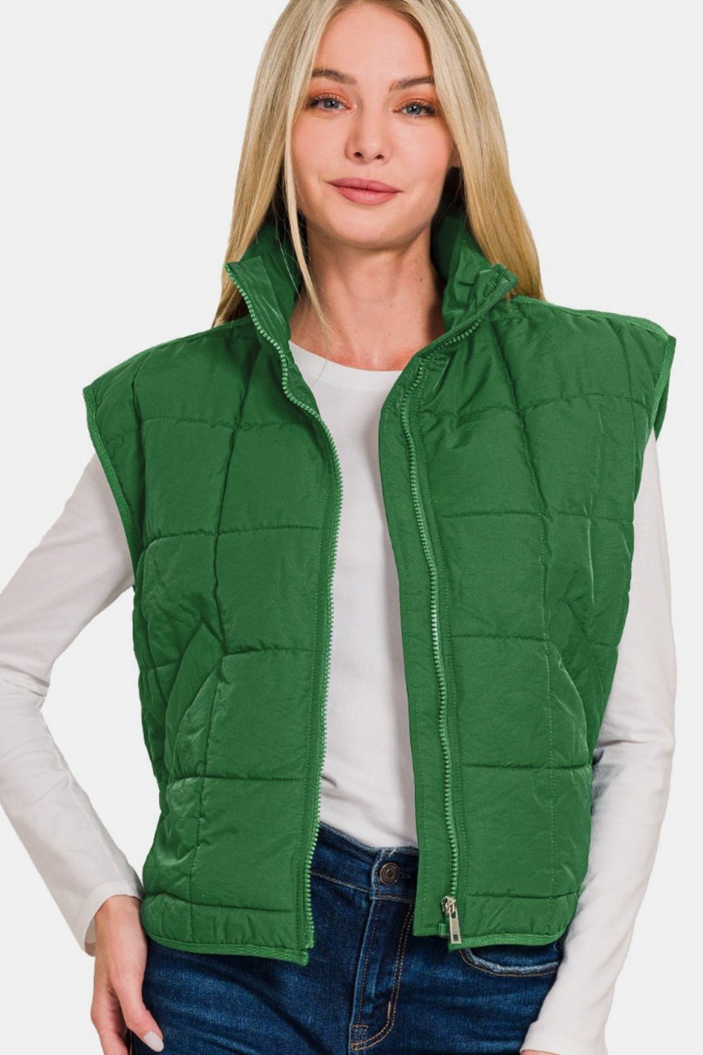 Zenana Zip Up Cropped Puffer Vest with Pockets - Dk Green - Bella Bourget