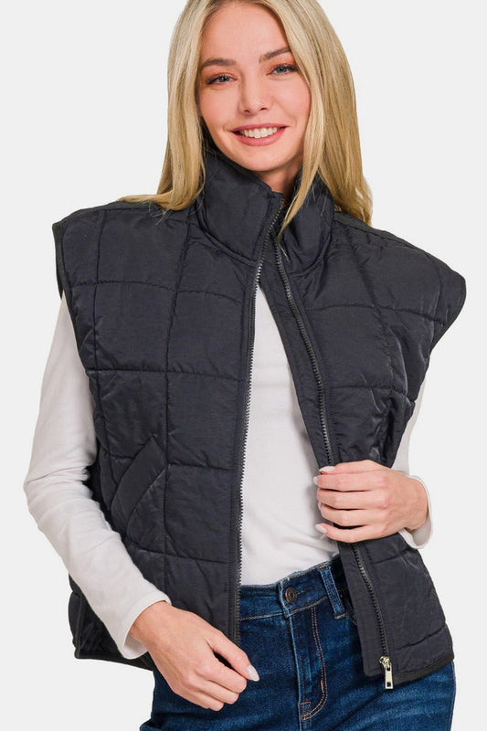 Zenana Zip Up Cropped Puffer Vest with Pockets - Vest - Black - Bella Bourget