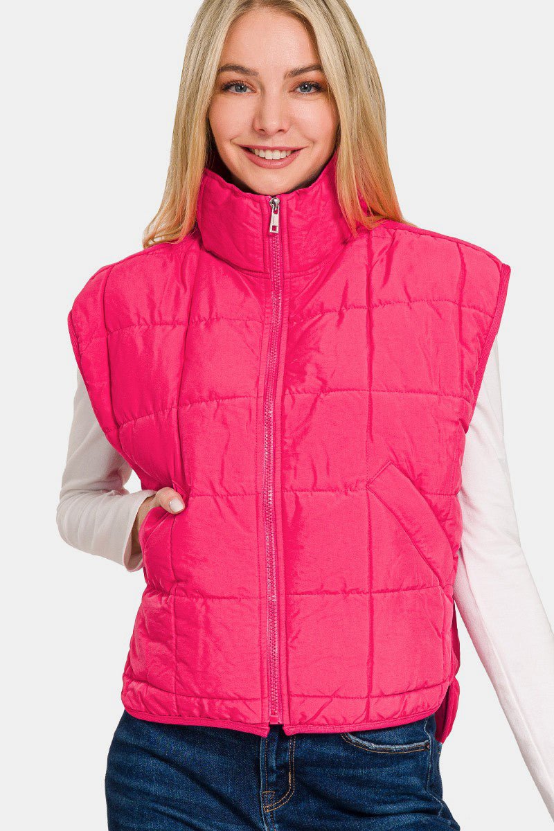 Zenana Zip Up Cropped Puffer Vest with Pockets - Vest - Hot Pink - Bella Bourget