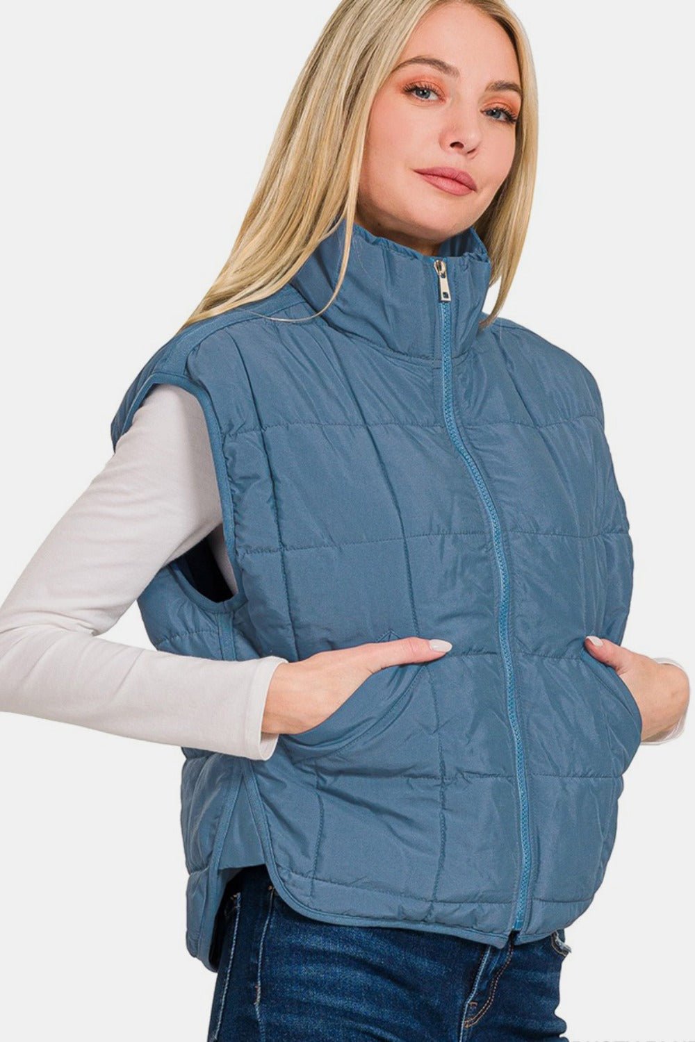 Zenana Zip Up Cropped Puffer Vest with Pockets - Vest - Dusty Blue - Bella Bourget