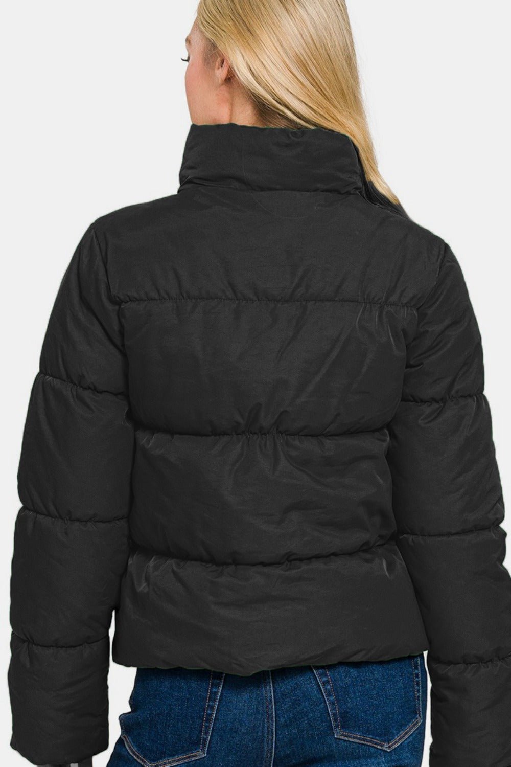 Zenana Zip Up Turtleneck Puffer Jacket with Pockets - Jackets - Black - Bella Bourget