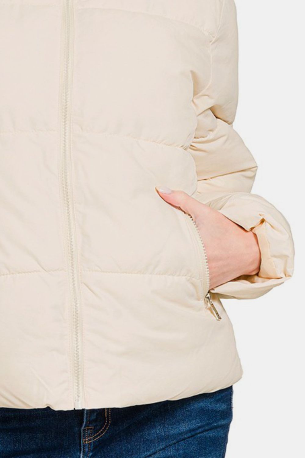 Zenana Zip Up Turtleneck Puffer Jacket with Pockets - Jackets - Cream - Bella Bourget