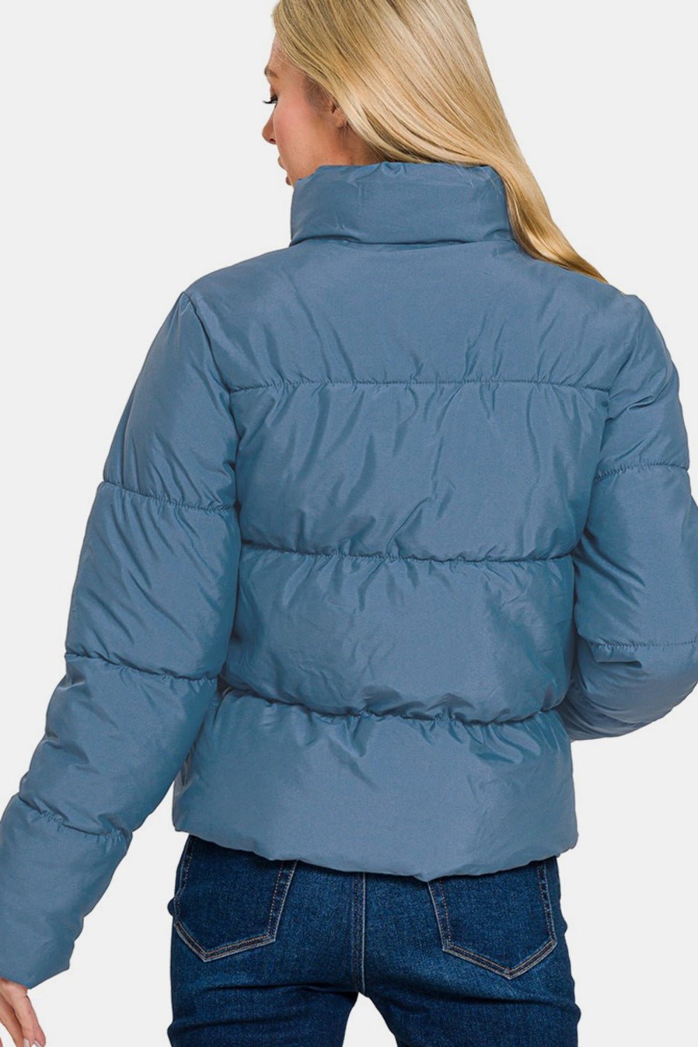 Zenana Zip Up Turtleneck Puffer Jacket with Pockets - Jacket - Dusty Blue - Bella Bourget