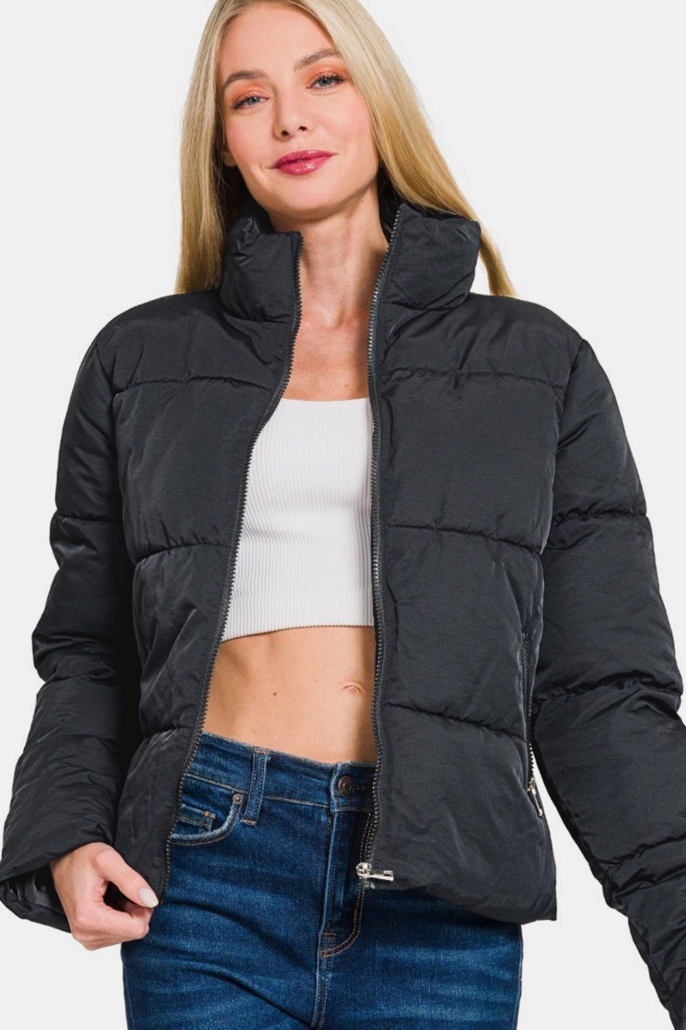 Zenana Zip Up Turtleneck Puffer Jacket with Pockets - Jackets - Black - Bella Bourget