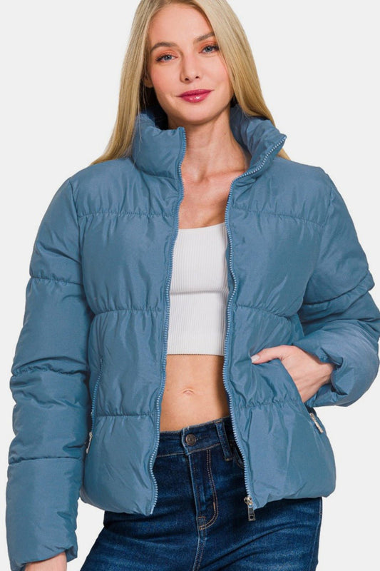 Zenana Zip Up Turtleneck Puffer Jacket with Pockets - Jacket - Dusty Blue - Bella Bourget