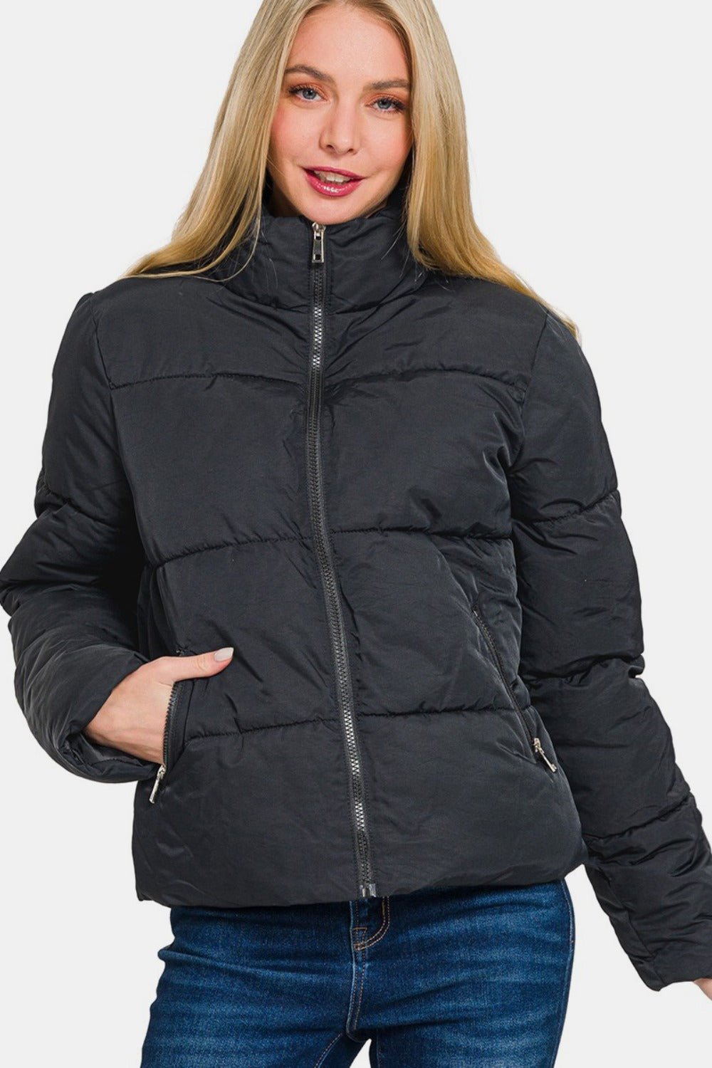 Zenana Zip Up Turtleneck Puffer Jacket with Pockets - Jackets - Black - Bella Bourget