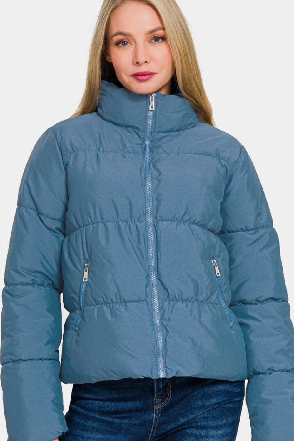 Zenana Zip Up Turtleneck Puffer Jacket with Pockets - Jacket - Dusty Blue - Bella Bourget