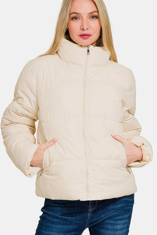 Zenana Zip Up Turtleneck Puffer Jacket with Pockets - Jackets - Cream - Bella Bourget