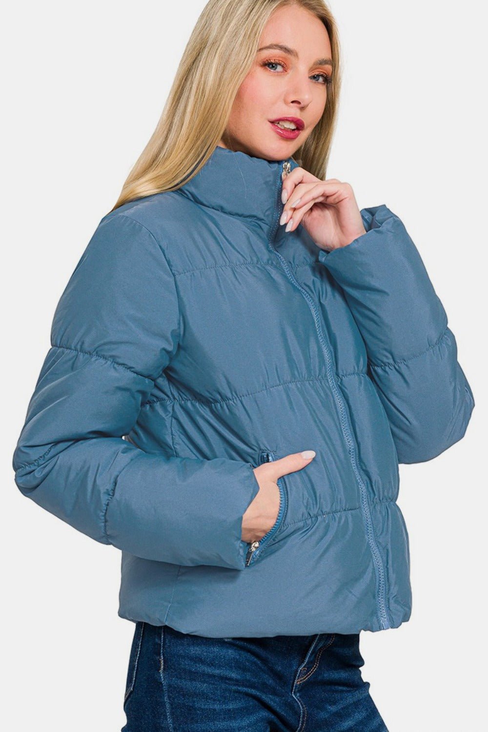 Zenana Zip Up Turtleneck Puffer Jacket with Pockets - Jacket - Dusty Blue - Bella Bourget