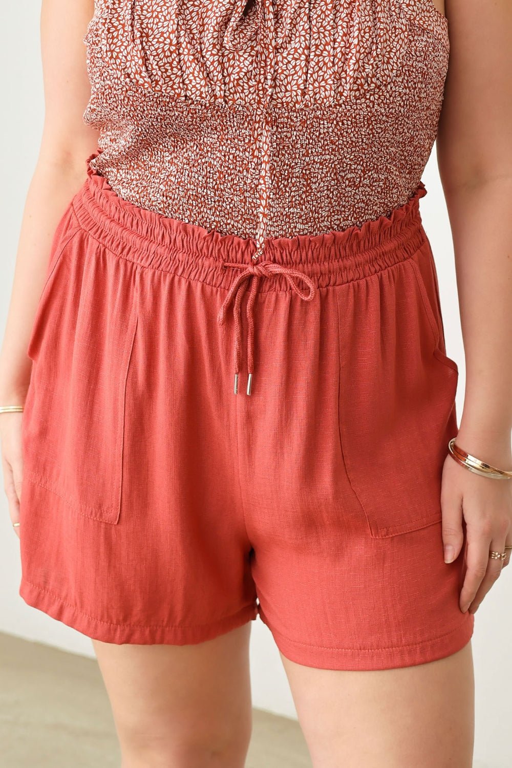 Zenobia Plus Size Drawstring Elastic Waist Shorts with Pockets - Shorts - Terracotta - Bella Bourget